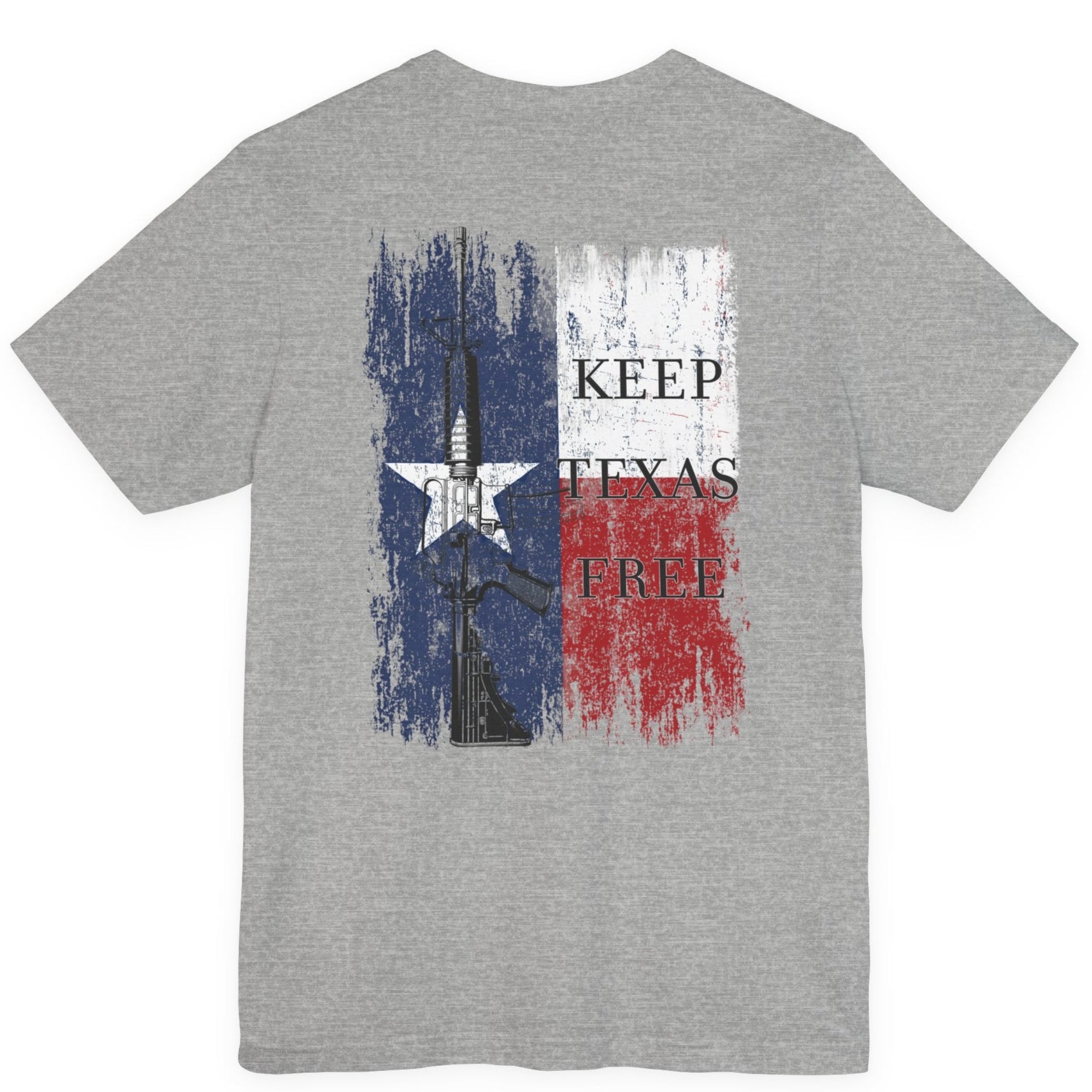 rear view of athletic heather colored fabric shirt with americantees.us logo on front and Texas flag with rifle and Keep Texas Free writing on back 