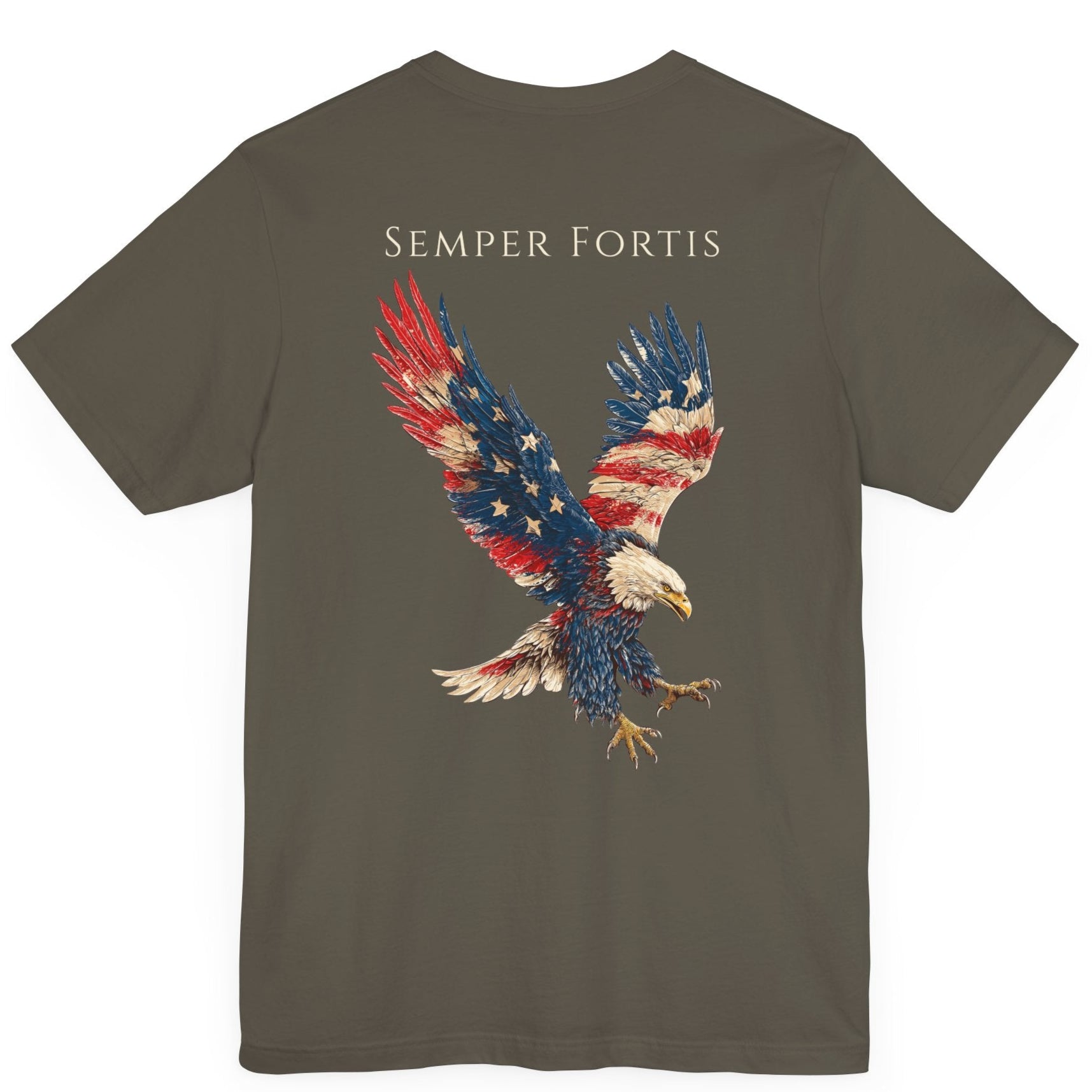 Semper Fortis Patriotic Shirt with Eagle Flag Design, American, army green color shirt, back view