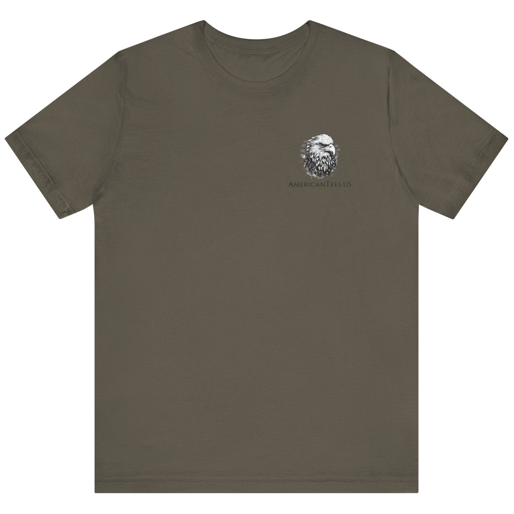 front view of army green colored fabric shirt with americantees.us logo on front and Texas flag with rifle and Keep Texas Free writing on back 