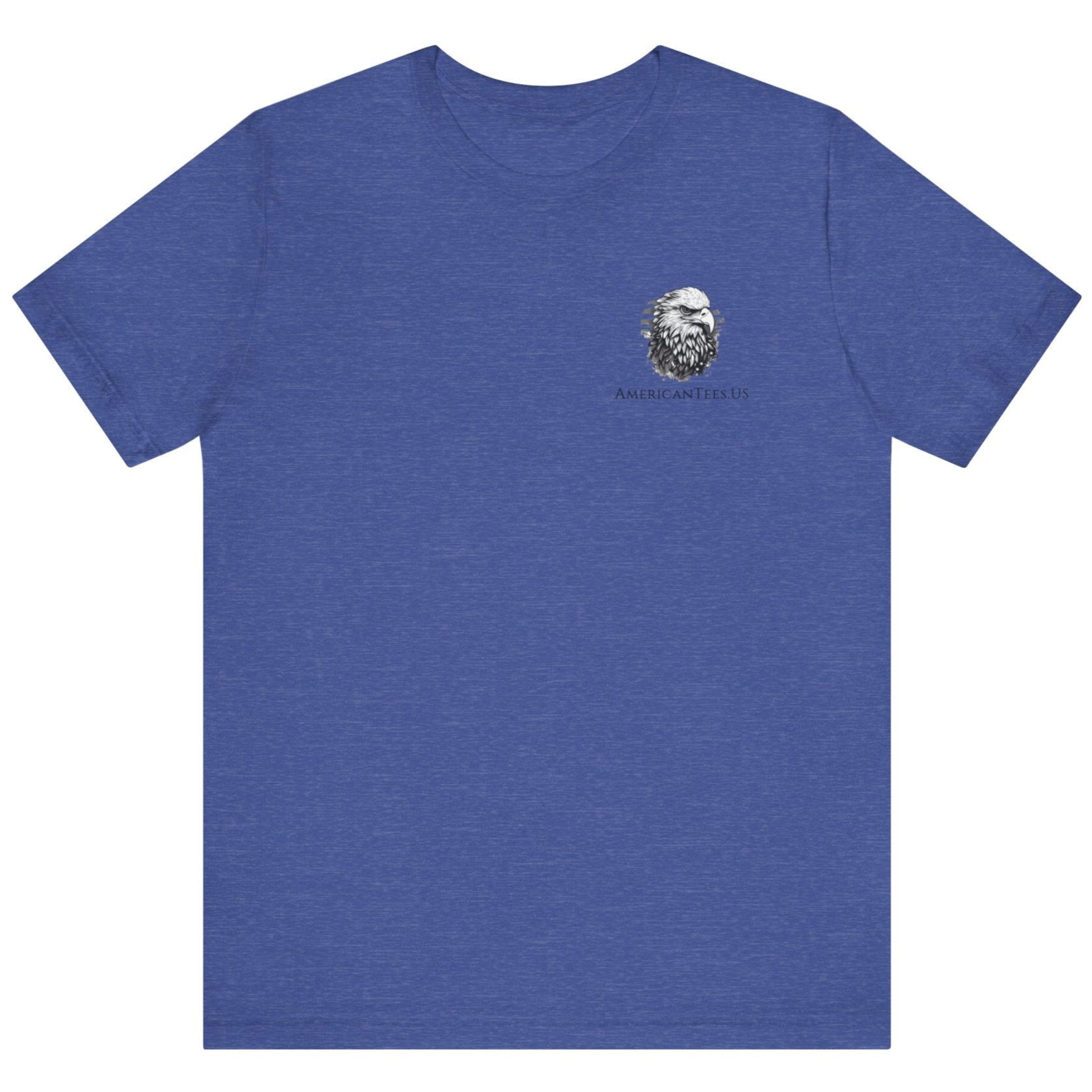front view of a heather true royal blue colored fabric patriotic shirt with an americantees.us logo on front and the great seal of the united states on the back 
