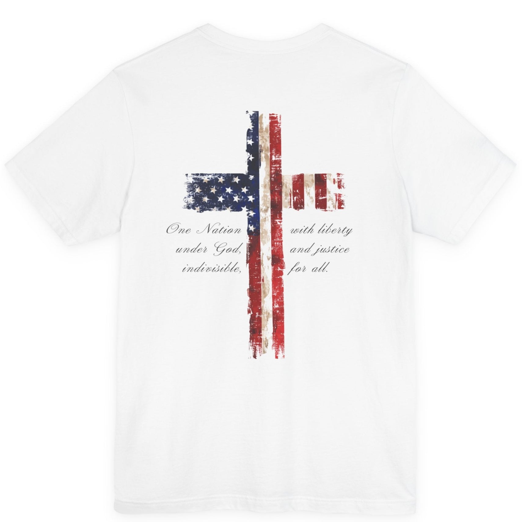 rear view of a white colored fabric patriotic shirt with americantees.us logo on front and American flag in shape of a Christian cross with pledge of allegiance surrounding image on back