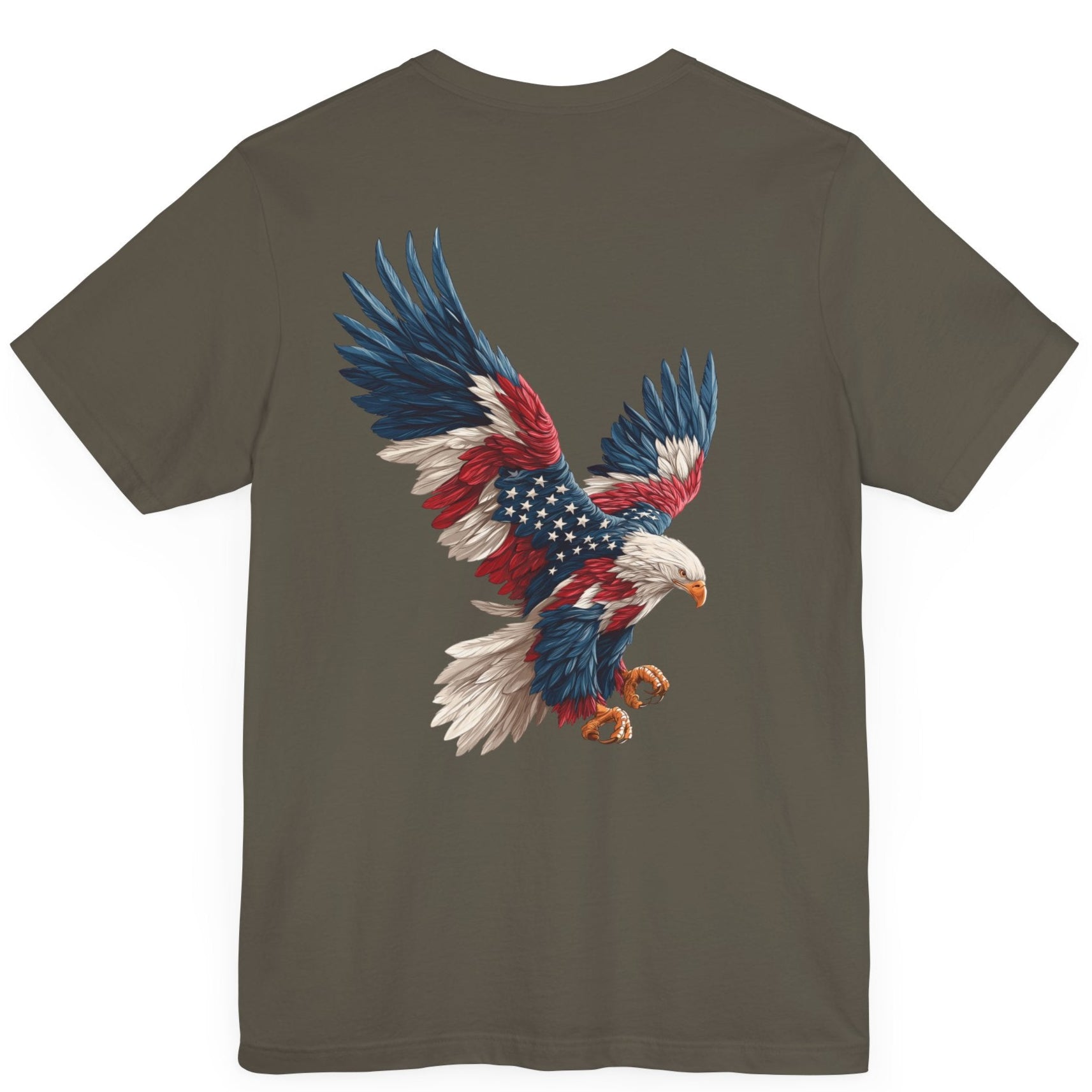 Bald eagle with American flag feathers on &quot;Eagle of Valor&quot; Patriotic Shirts, army green color fabric, American Shirts design. rear view


