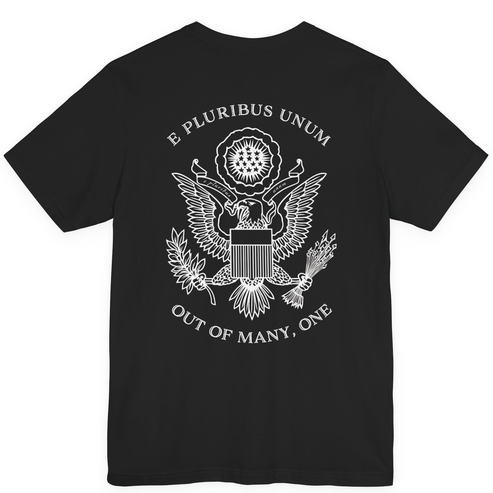 rear view of a black colored fabric patriotic shirt with an americantees.us logo on front and the great seal of the united states on the back 
