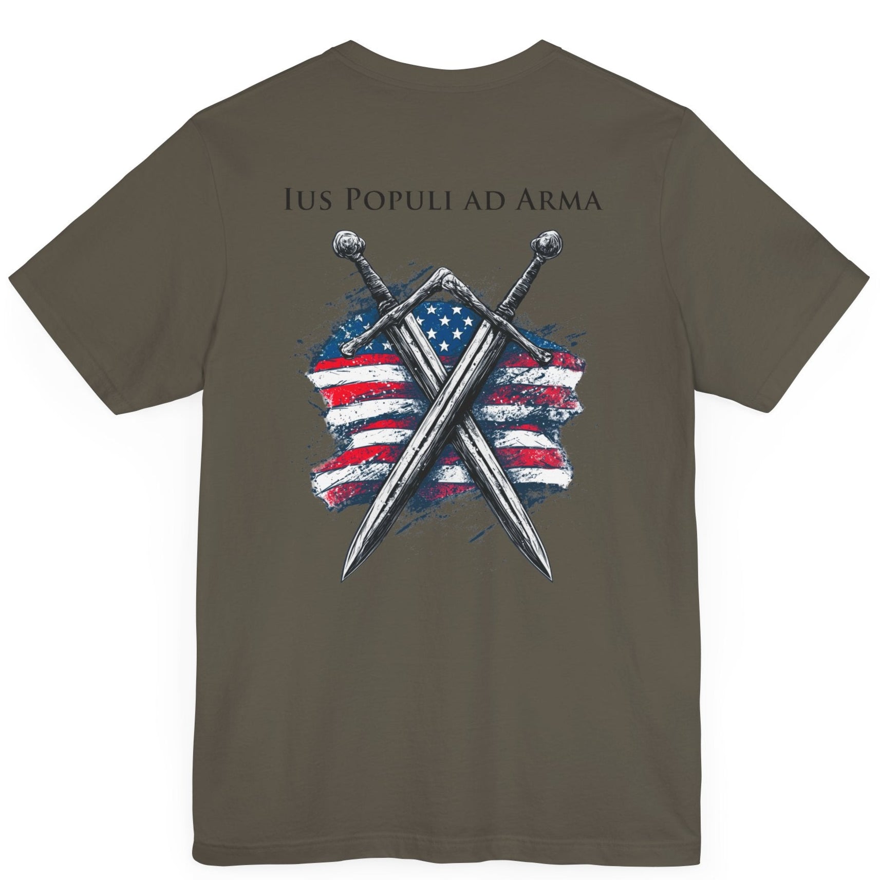 army green colored t-shirt featuring two crossed swords in front of a full-color American flag graphic, with the text "Ius Populi ad Arma" in bold black font above.

