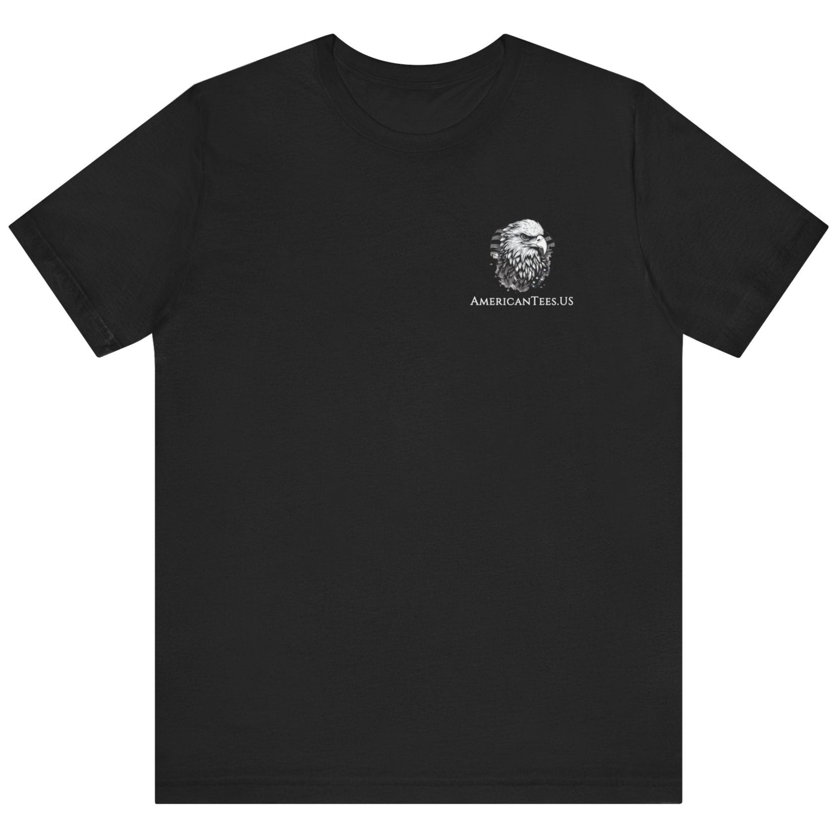 front view of a black colored fabric shirt with americantees.us logo on front and betsy ross flag with the phrase give me liberty or give me death and 1776 on the back