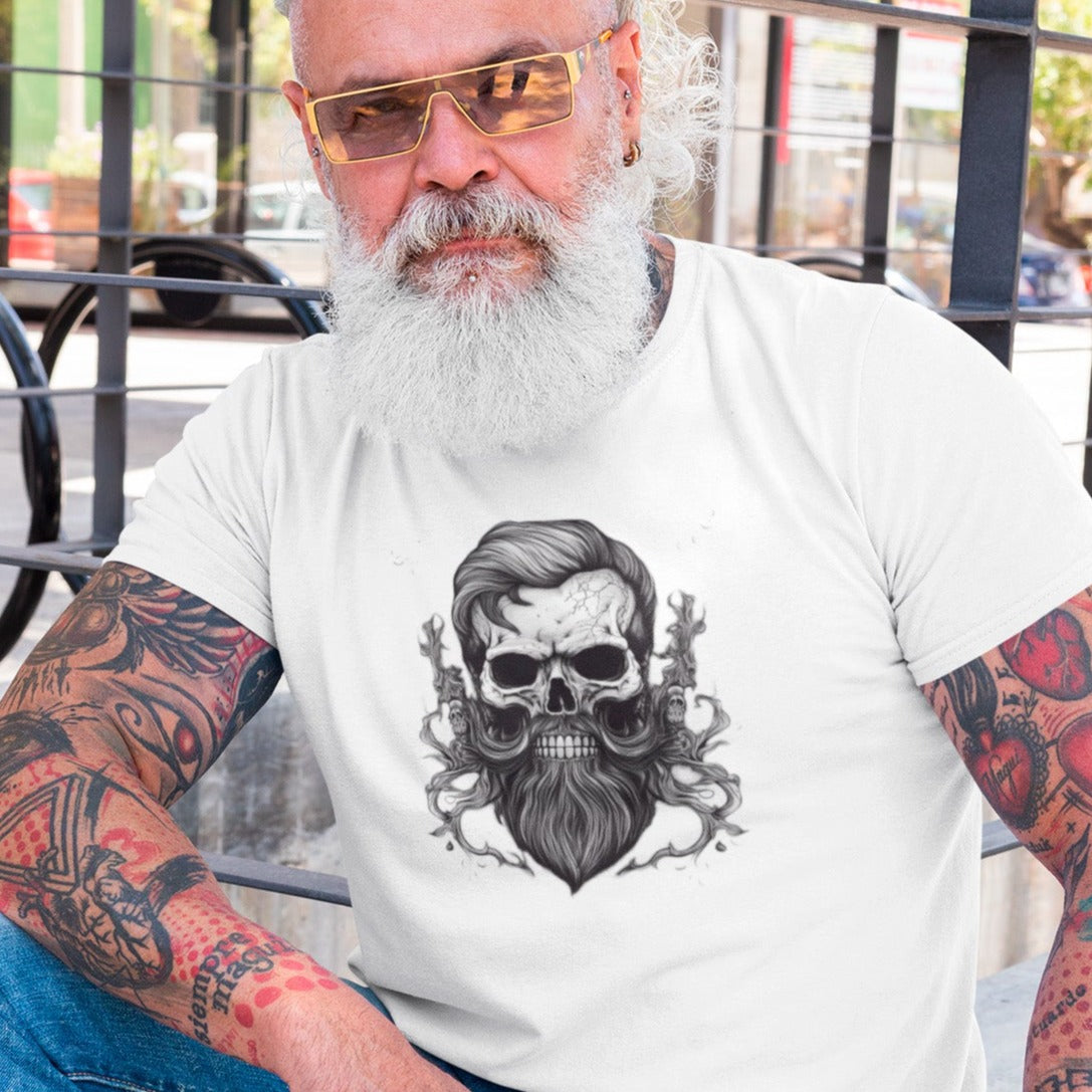 Forever-bearded-skull-with-moustache-and-beard-white-t-shirt-mockup-of-a-senior-tattooed-man-with-sunglasses