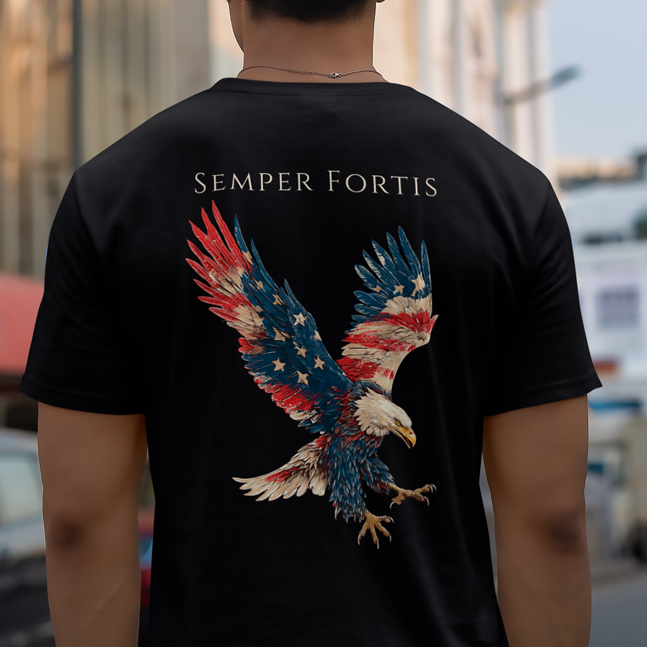 -back-view-tshirt-mockup-of-a-man-facing-a-house-and-a-tree-Semper Fortis Patriotic Shirt with Eagle Flag Design, American, black color shirt, back view