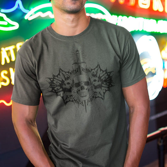 blade-and-bone-punk-rock-asphalt-t-shirt-mockup-of-a-man-wearing-a-round-neck-t-shirt-against-neon-signs