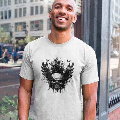 dark-skull-with-wings-graphic-white-t-shirt-mockup-of-a-happy-bald-man-wearing-a-t-shirt-on-the-street