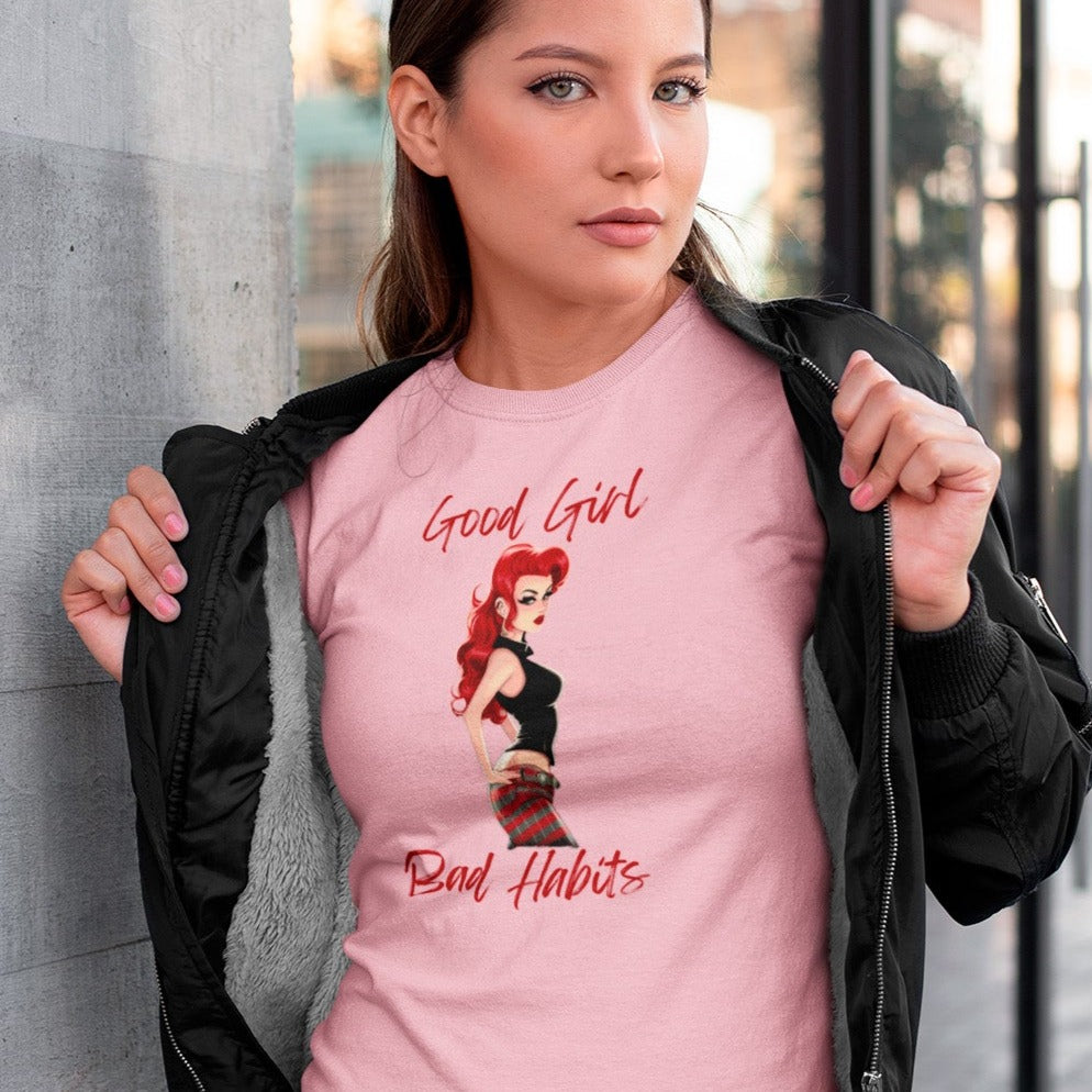 good-girl-bad-habits-bella-canvas-pink-t-shirt-mockup-of-a-woman-showing-off-the-t-shirt-under-her-bomber-jacket