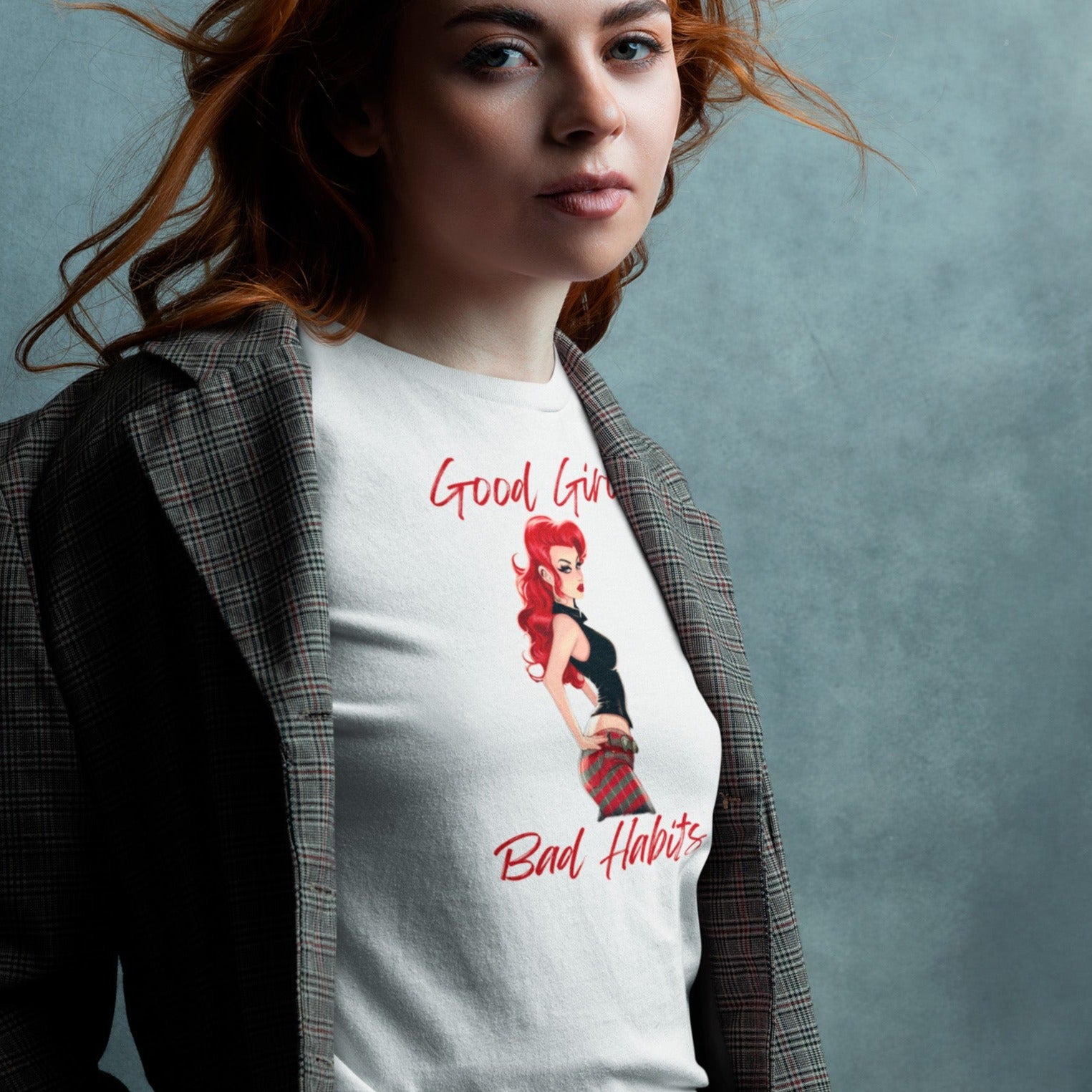 good-girl-bad-habits-bella-canvas-white-t-shirt-mockup-featuring-a-redhead-woman-posing-at-a-studio