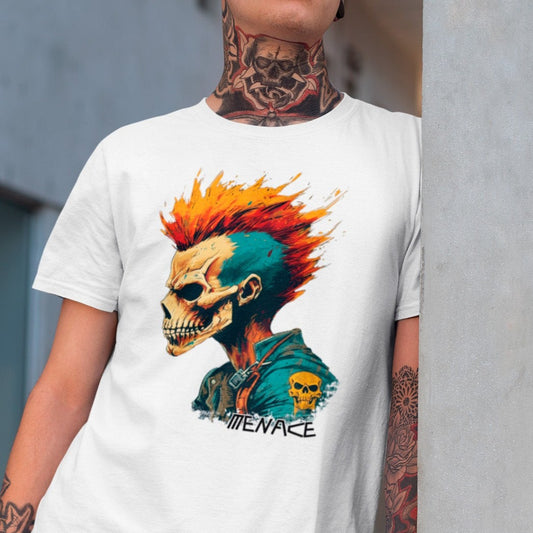 hazard-menace-punk-white-t-shirt-mockup-featuring-a-tattooed-man-leaning-over-a-concrete-wall
