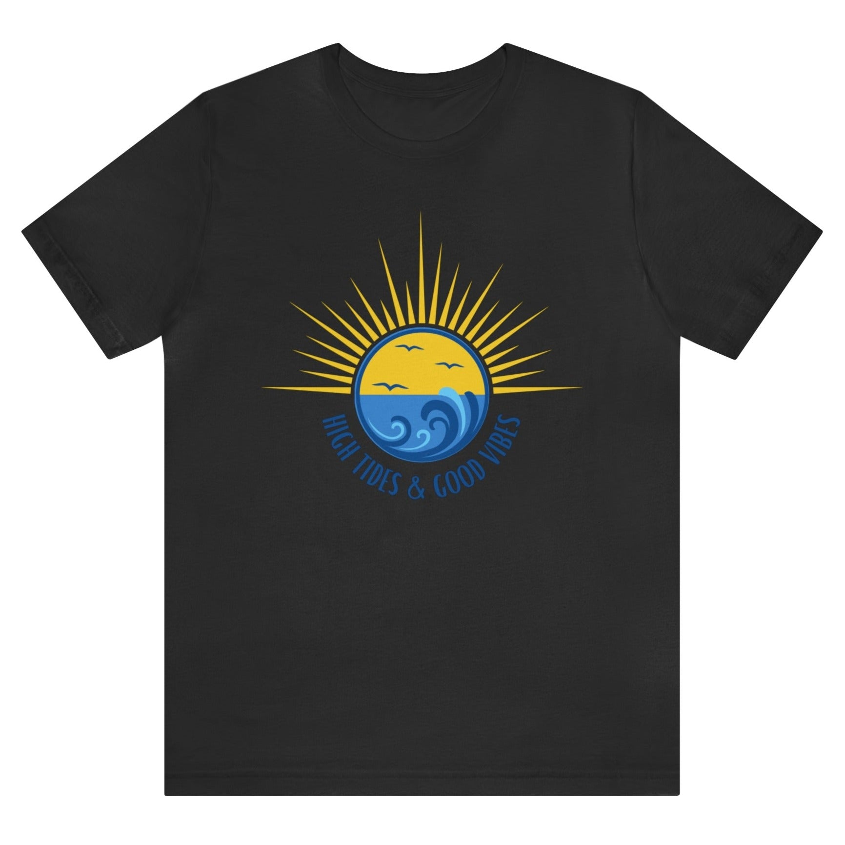 high-tides-and-good-vibes-black-t-shirt-beach-sunset-unisex