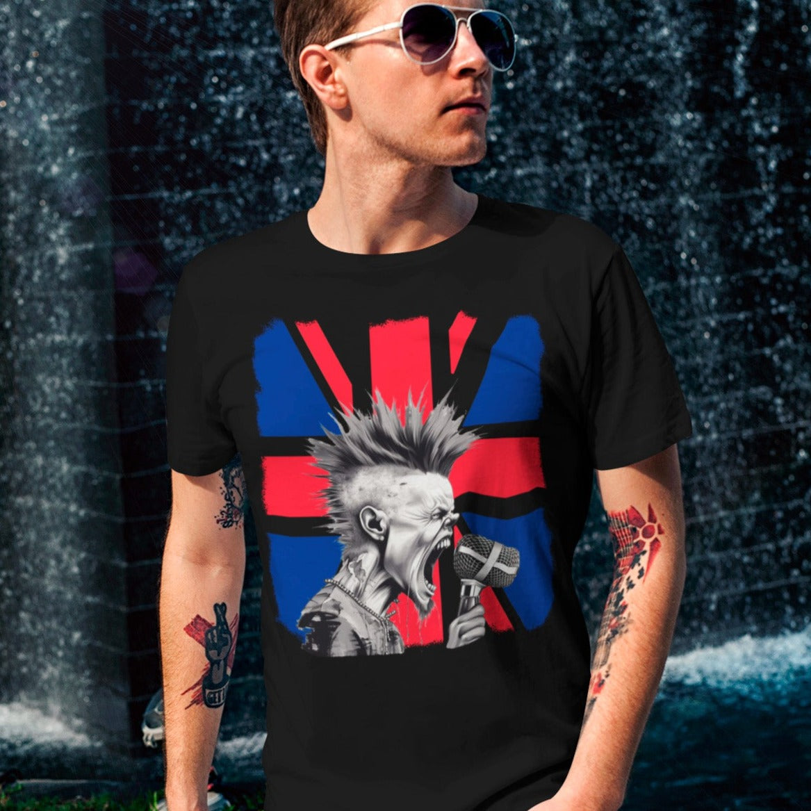 long-live-punk-black-t-shirt-british-flag-with-punker-singing-mockup-of-a-cool-man-walking-by-a-fountain