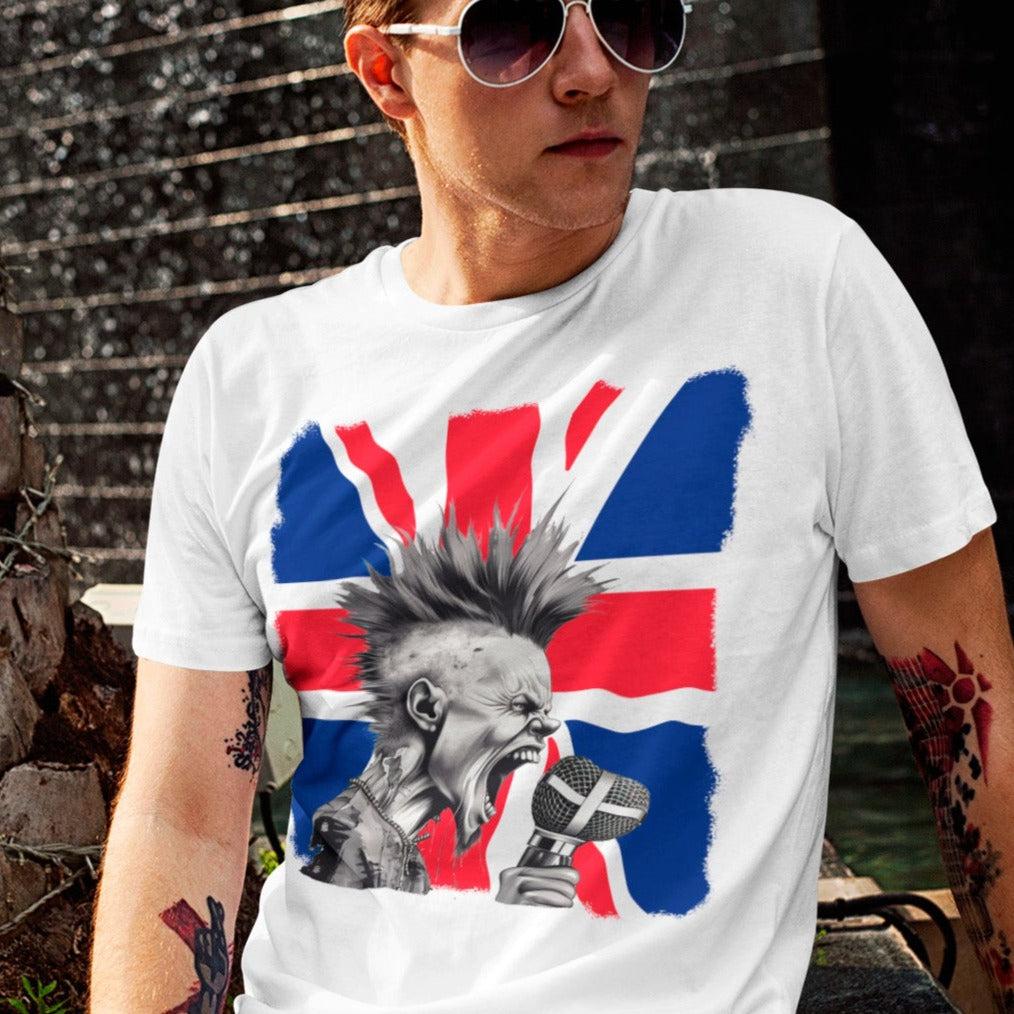 long-live-punk-white-t-shirt-british-flag-with-punker-singing--mockup-of-a-red-haired-man-posing-next-to-a-fountain