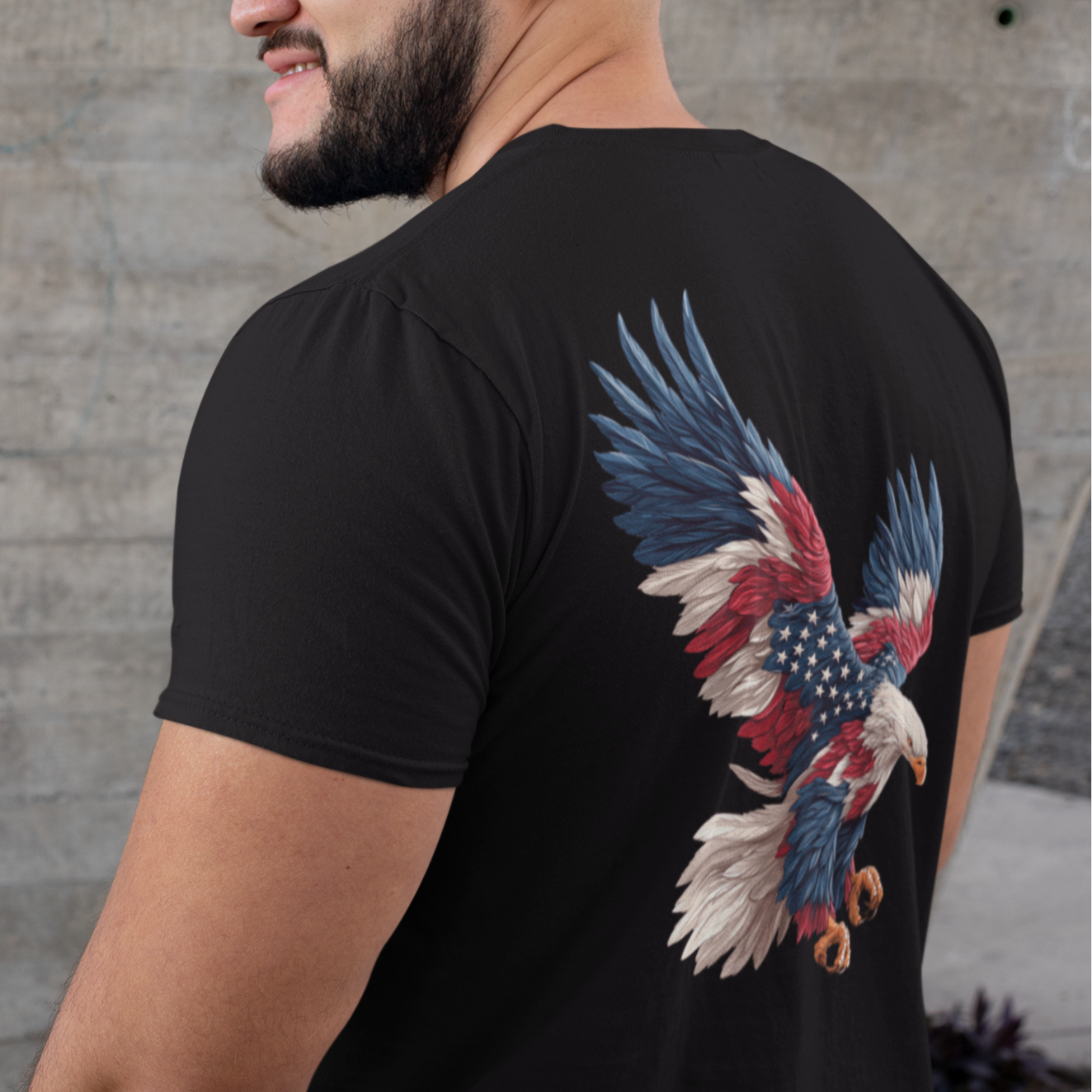 mockup-of-a-bearded-man-wearing-a-shirt-with-a- eagle with American flag feathers on "Eagle of Valor" Patriotic Shirts, black color fabric, American Shirts design. rear view

