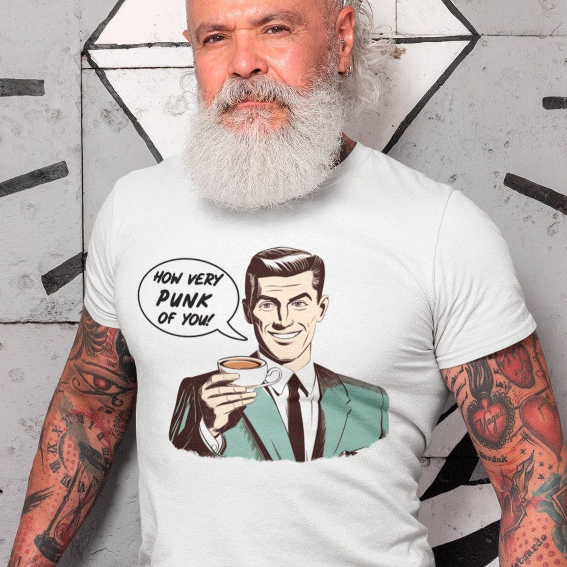 punk-coffee-funny-cartoon-white-t-shirt-tee-mockup-featuring-a-senior-man-with-a-white-beard-and-tattoos
