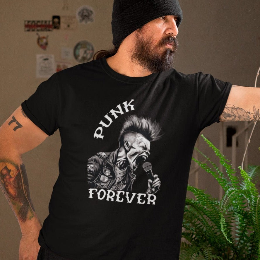 punk-forever-punker-singing-black-t-shirt-mockup-of-a-man-wearing-a-customizable-t-shirt-and-looking-through-a-window