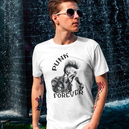 punk-forever-punker-singing-white-t-shirt--mockup-of-a-cool-man-walking-by-a-fountain