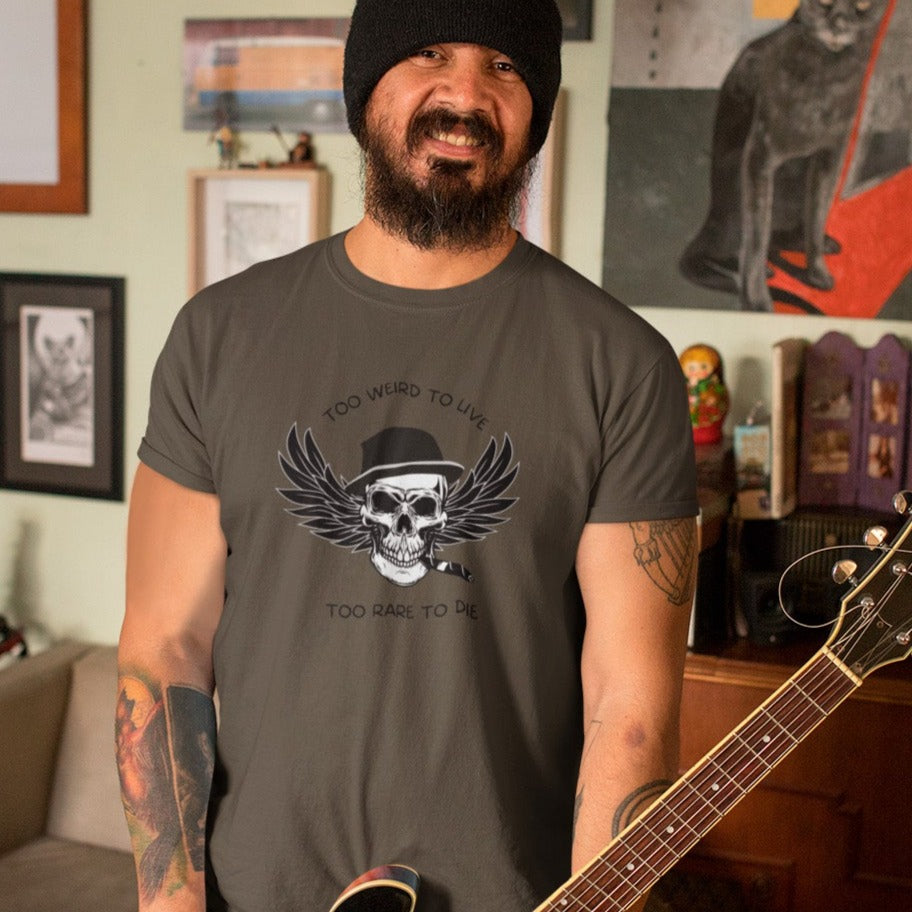 too-weird-to-live-too-rare-to-die-army-t-shirt-with-skull-and-wings-mockup-of-a-man-with-his-electric-guitar-at-home-alt