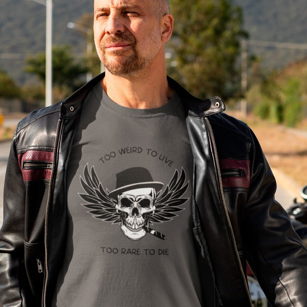 too-weird-to-live-too-rare-to-die-asphalt-t-shirt-with-skull-and-wings-mockup-featuring-a-biker-carrying-his-helmet