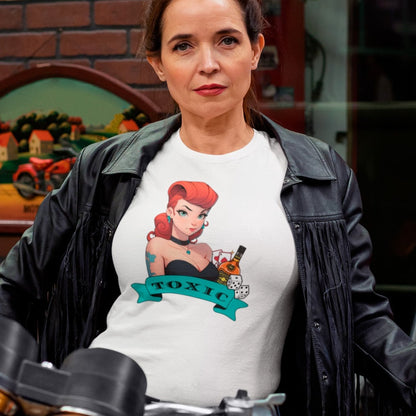 toxic-redhead-dice-liquor-playing-cards-white-t-shirt-mockup-of-a-fierce-woman-posing-with-her-motorcycle