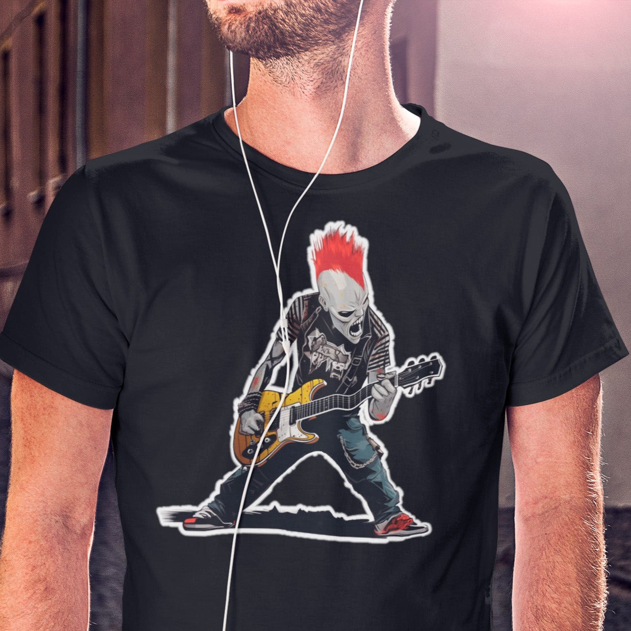 undead-shred-punk-black-t-shirt-mockup-of-a-man-listening-to-music-on-the-street
