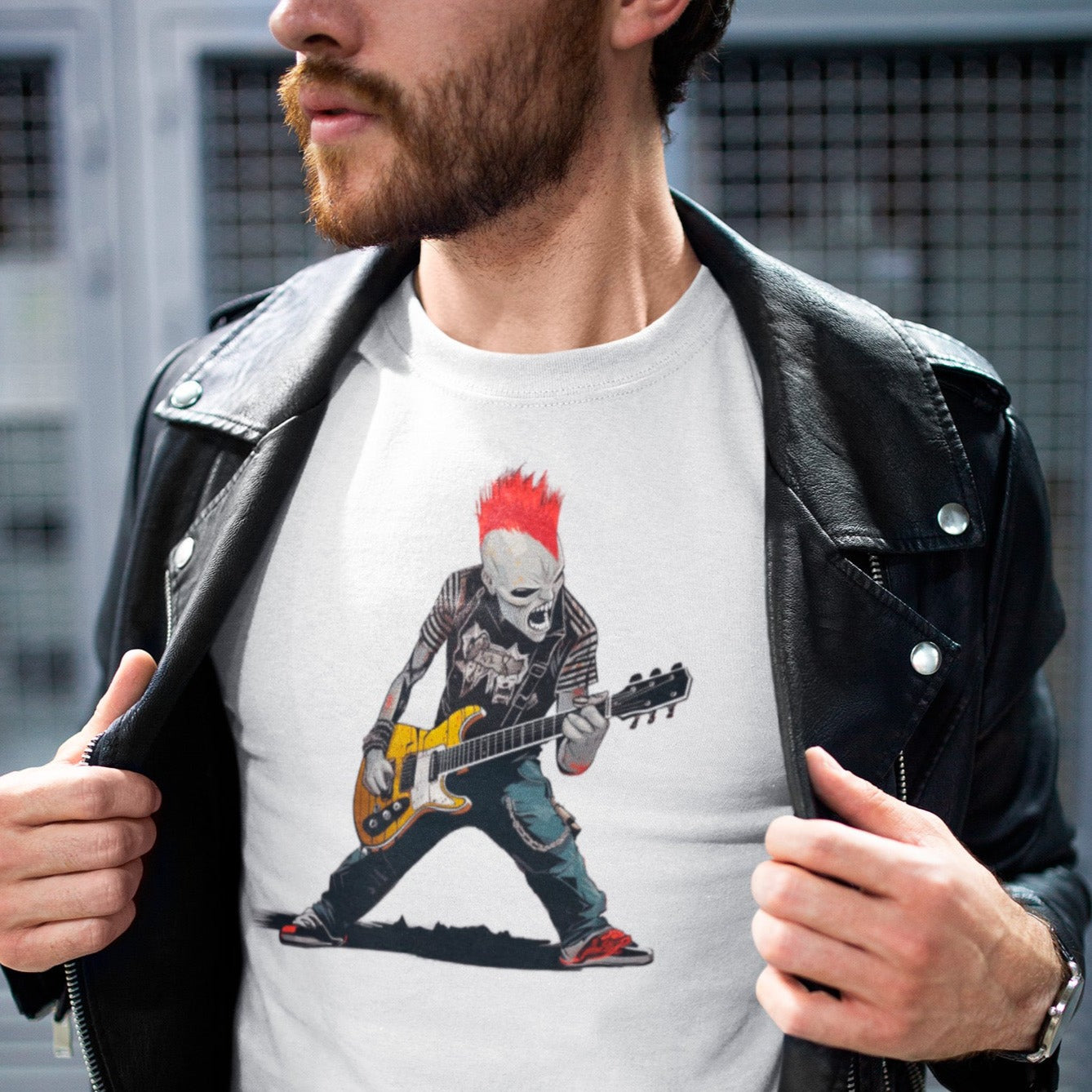 undead-shred-punk-white-t-shirt-mockup-of-a-man-wearing-a-leather-jacket-on-the-street