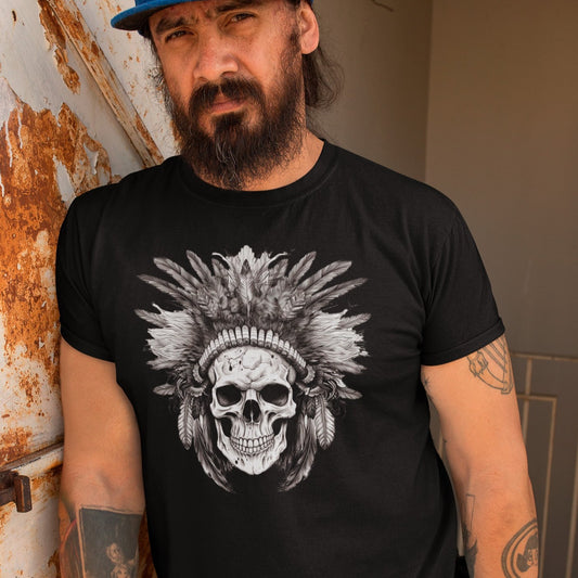    warlord-design-skull-with-feathered-headress-black-t-shirt-mockup-featuring-a-bearded-man-leaning-against-a-rusty-wall