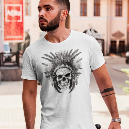 warlord-design-skull-with-feathered-headress-black-t-shirt-mockup-of-a-bearded-man-walking-on-a-concrete-ramp