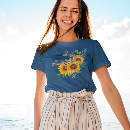 a-good-heart-keeps-you-beautiful-heather-true-navy-t-shirt-womens-sunflower-mockup-featuring-a-smiling-woman-posing-on-a-yacht