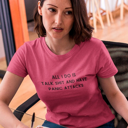 all-i-do-is-talk-shit-and-have-panic-attacks-berry-t-shirt-funny-unisex-woman-taking-some-notes-while-wearing-a-round-neck-tee-template