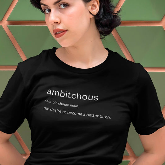 ambitchous-the-desire-to-become-a-better-bitch-black-t-shirt-womens-funny-definition-mockup-of-a-sassy-short-haired-woman-posing-in-front-of-a-patterned-wall
