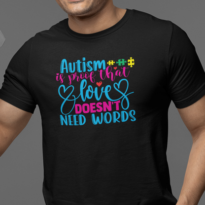 autism-is-proof-that-love-doesnt-need-words-black-t-shirt-awareness-tee-mockup-of-a-smiling-man