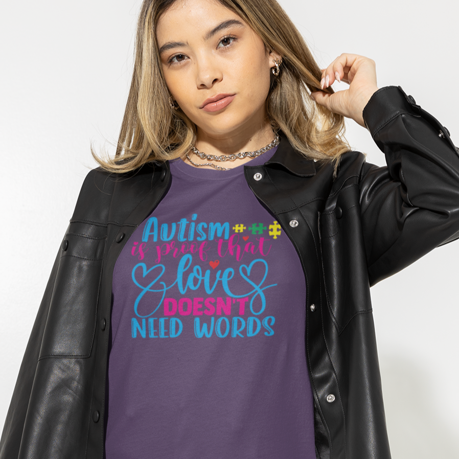 autism-is-proof-that-love-doesnt-need-words-team-purplet-shirt-awareness-mockup-of-a-trendy-woman-posing-in-a-studio