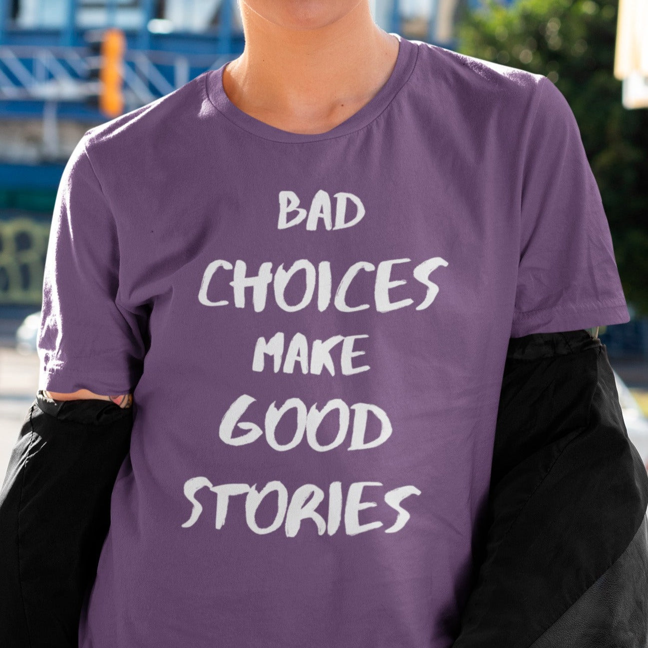 bad-choices-make-good-stories-team-purple-t-shirt-funny-unisex-mockup-of-an-edgy-woman-with-an-androgynous-style