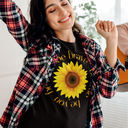be-true-be-you-be-kind-be-brave-black-t-shirt-sunflower-womens-tee-mockup-of-a-woman-dancing-at-home