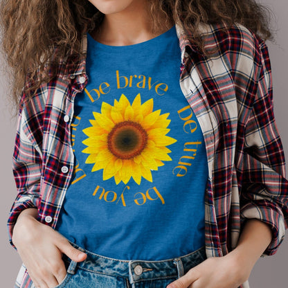 be-true-be-you-be-kind-be-brave-heather-true-royal-t-shirt-sunflower-womens-mockup-of-a-curly-haired-woman-wearing-a-tee-under-a-flannel