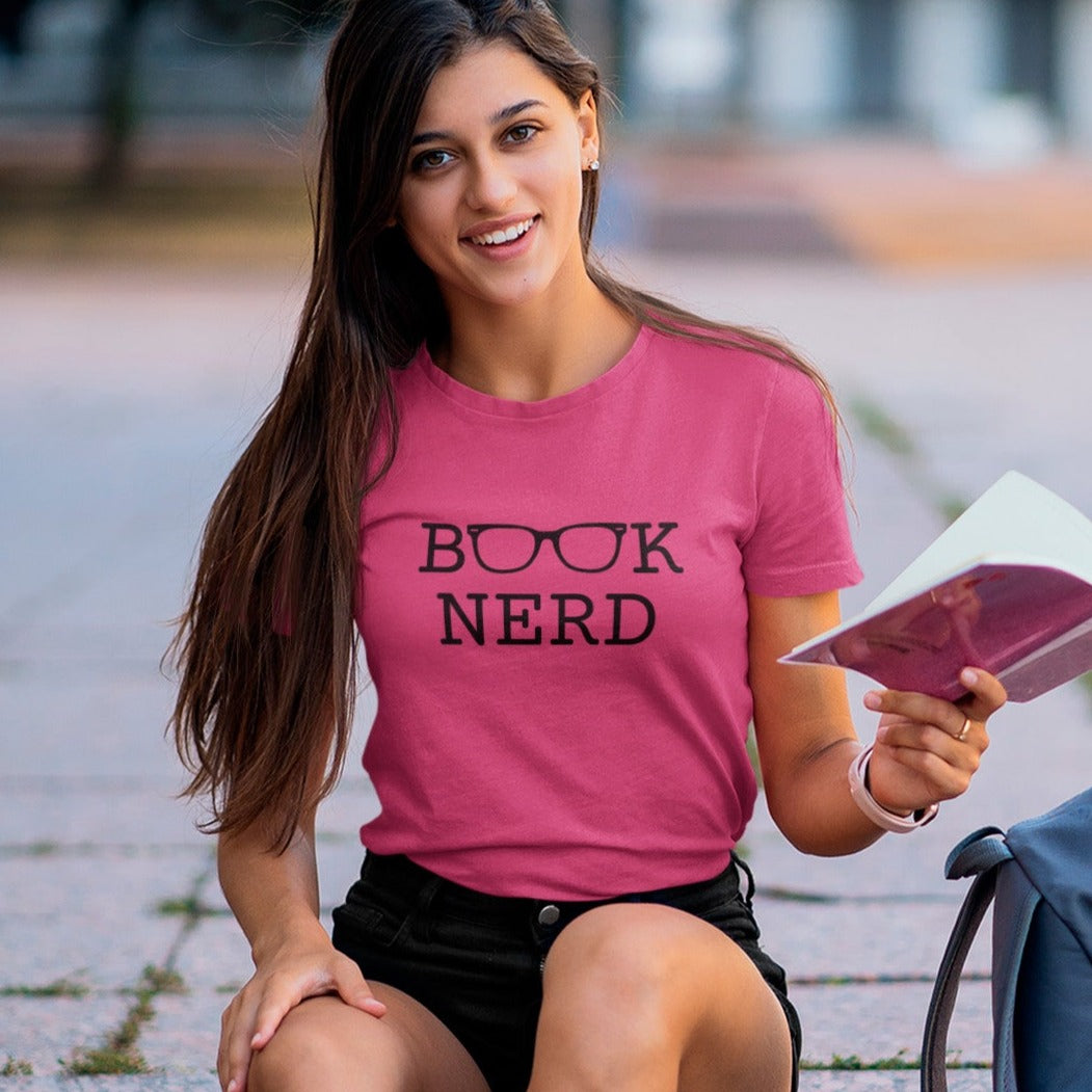 book-nerd-with-glasses-graphic-berry-t-shirt-womens-reading-mockup-of-a-college-student-holding-a-book