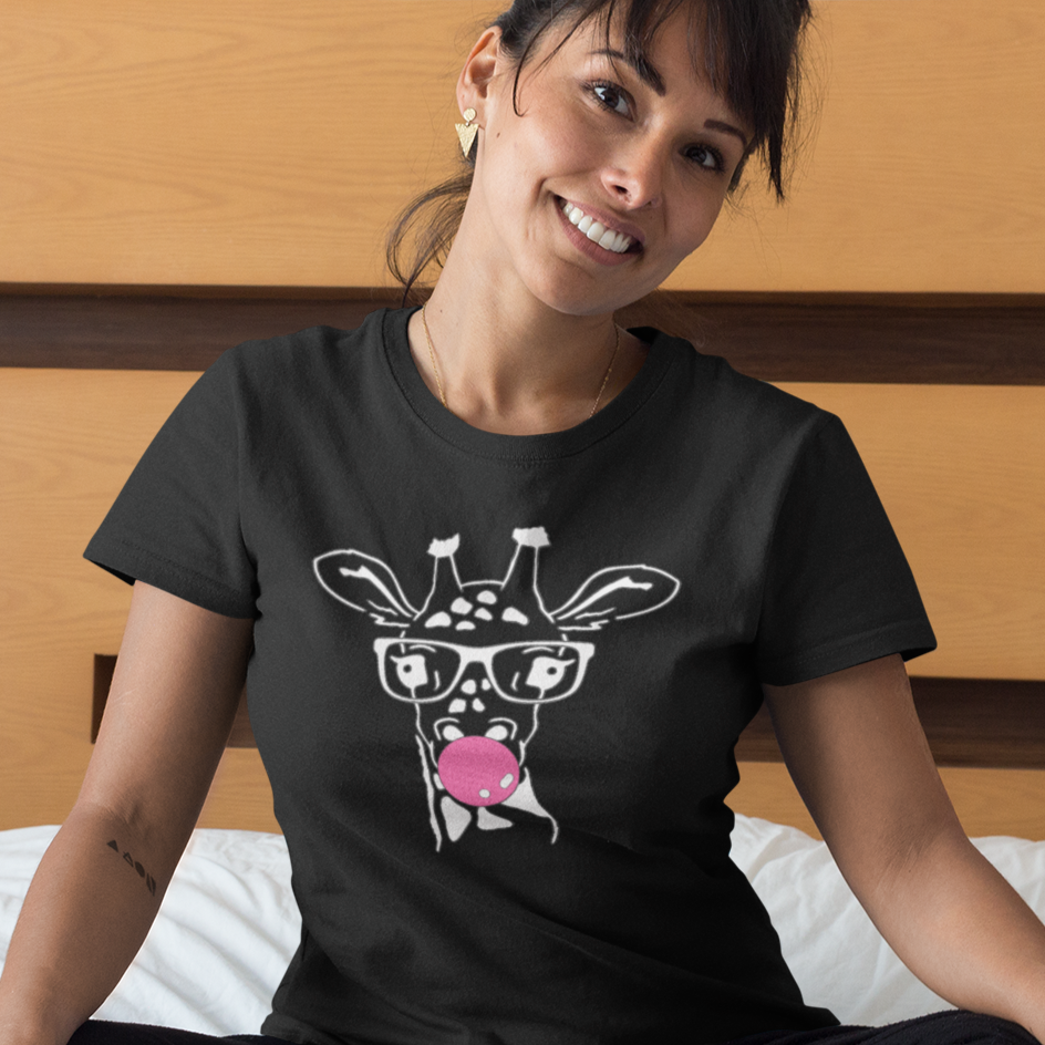 bubblegum-giraffe-black-t-shirt-womens-style-happy-woman-wearing-a-tee-mockup-on-bed-with-her-cat