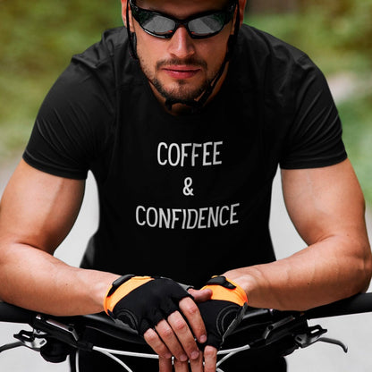 coffee-and-confidence-black-t-shirt-unisex-mockup-featuring-a-male-cyclist