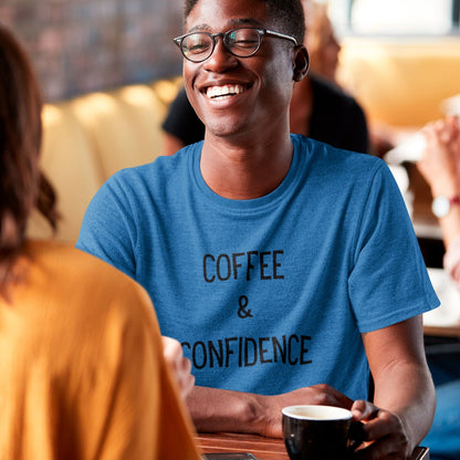 coffee-and-confidence-heather-true-royal-blue-t-shirt-unisex-mockup-of-a-young-man-with-a-heathered-tee-chatting-with-a-friend