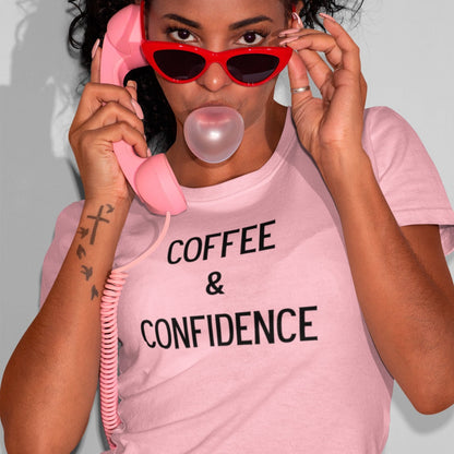 coffee-and-confidence-pink-t-shirt-unisex-mockup-of-a-cool-woman-blowing-bubble-gum
