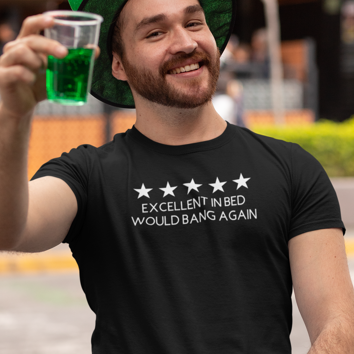 excellent-in-bed-would-bang-again-five-stars-black-t-shirt-funny-mockup-of-a-man-at-a-st-patricks-celebration-drinking-a-green-beer