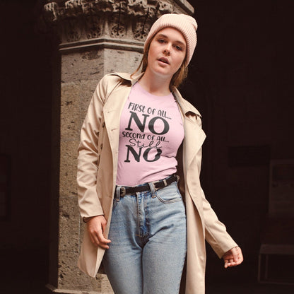 first-of-all-no-second-of-all-no-pink-t-shirt-sarcastic-women-mockup-of-a-girl-wearing-a-t-shirt-and-a-trench-coat-outside-a-stone-church