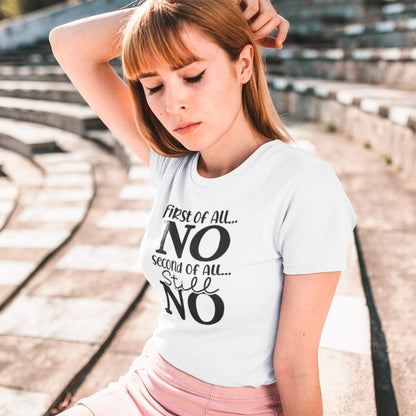 first-of-all-no-second-of-all-no-white-t-shirt-sarcastic-women-mockup-of-a-pretty-girl-wearing-a-tee-and-posing-in-an-empty-stadium