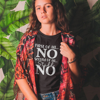 first-of-all-no-second-of-all-no-white-t-shirt-sarcastic-women-round-neck-tee-mockup-featuring-a-girl-standing-against-a-printed-curtain