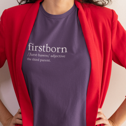 firstborn-the-third-parent-team-purple-t-shirt-bella-canvas-tee-mockup-of-a-woman-wearing-a-red-blazer