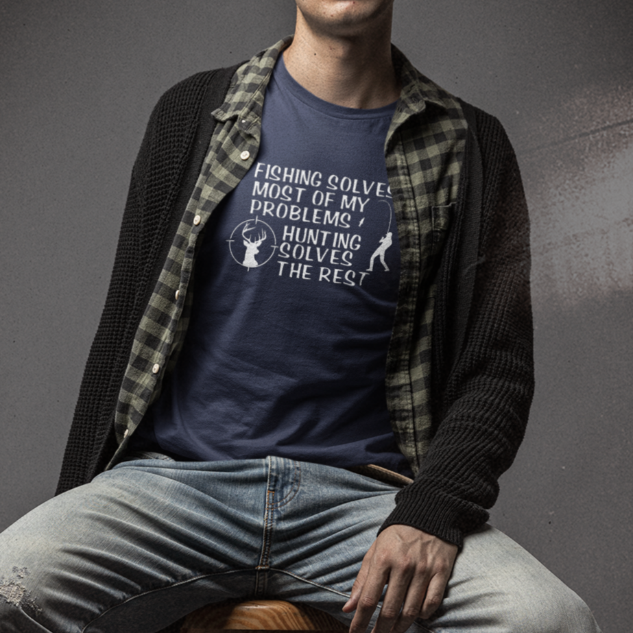 fishing-solves-most-of-my-problems-hunting-solves-the-rest-navy-bella-canvas-t-shirt-mockup-featuring-a-serious-man-sitting-on-a-stool