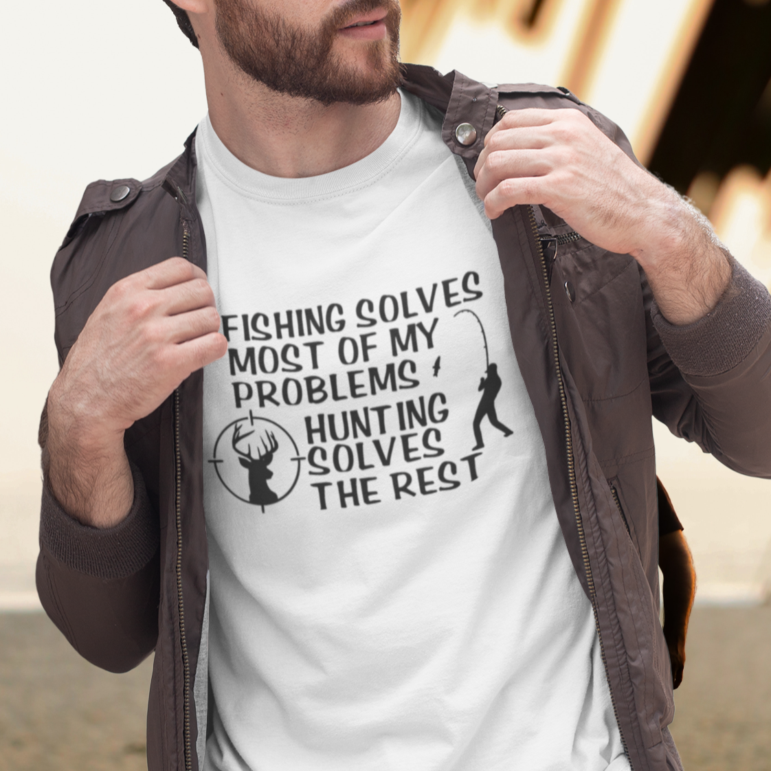 fishing-solves-most-of-my-problems-hunting-solves-the-rest-white-t-shirt-mockup-of-a-bearded-man-wearing-a-leather-jacket